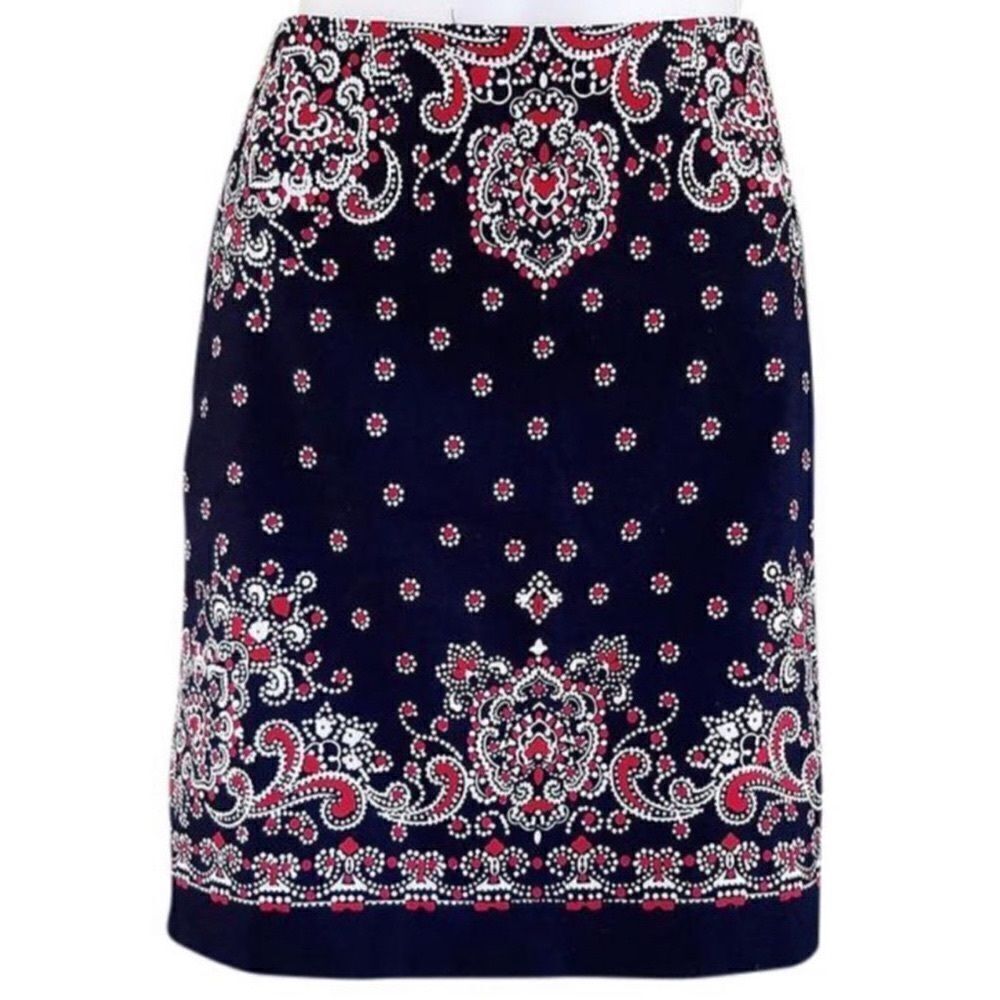 Talbots Navy Blue, Red & White Nautical Paisley Floral Pencil Skirt 8 - Picture 2 of 9